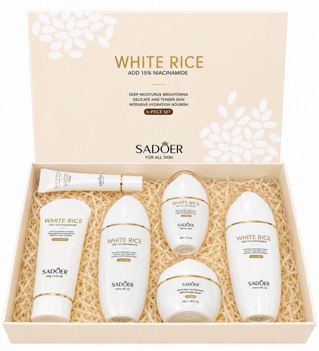 SADOER Rice Niacinamide Skincare Set - 6 Piece Firming Skincare Kit