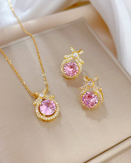 Rosabelle Pink Crystal Gold Necklace & Earrings Set