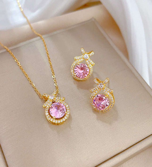 Rosabelle Pink Crystal Gold Necklace & Earrings Set