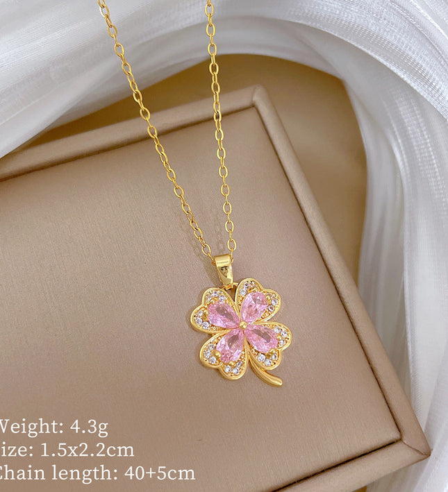 Sakura Clover Gold Crystal Necklace