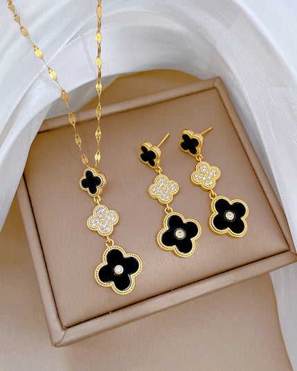 Midnight Clover Gold Necklace & Earrings Set