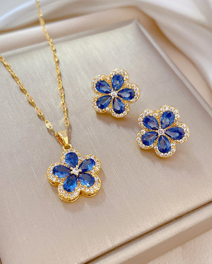 Sapphire Blossom Gold Crystal Necklace & Earrings Set