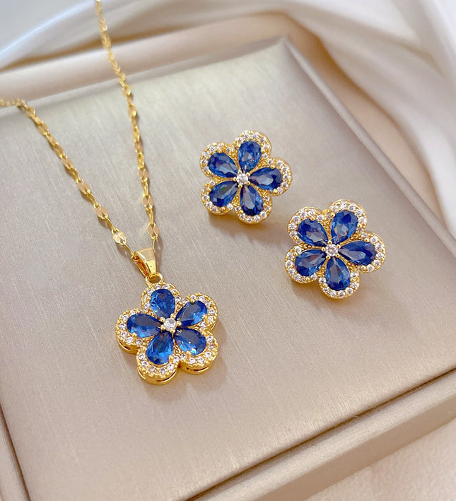 Sapphire Blossom Gold Crystal Necklace & Earrings Set