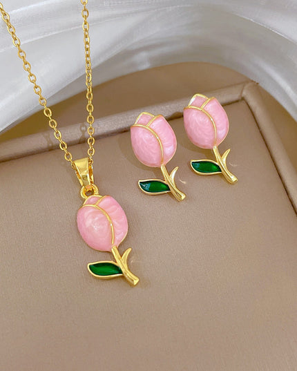 Blush Tulip Gold Necklace & Earrings Set