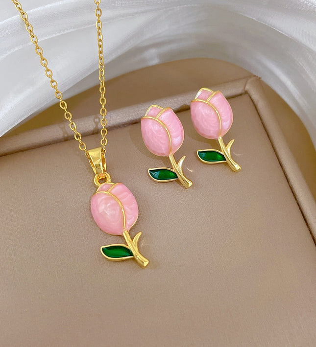 Blush Tulip Gold Necklace & Earrings Set