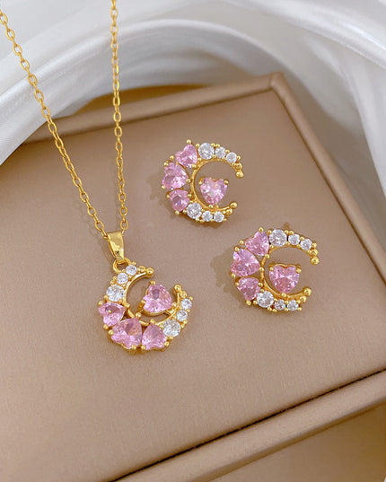 Pink Celestia Gold Crystal Necklace & Earrings Set