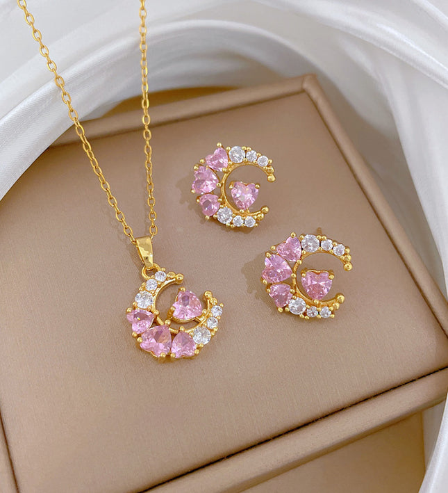 Pink Celestia Gold Crystal Necklace & Earrings Set