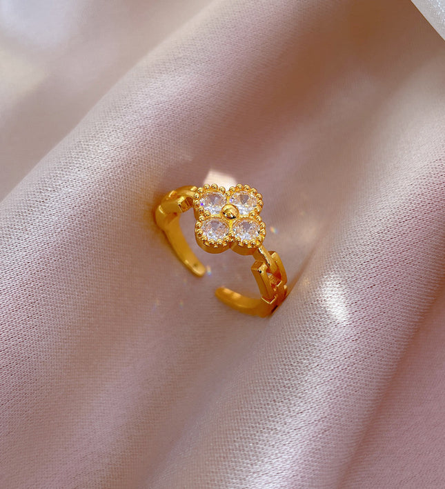 Celestia Clover Gold Crystal Adjustable Ring