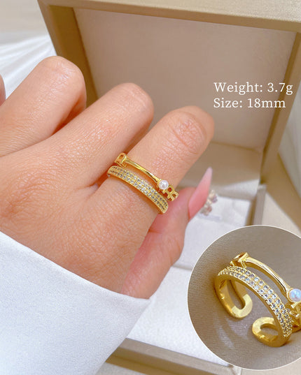 Pearl Luxe Gold Crystal Adjustable Ring