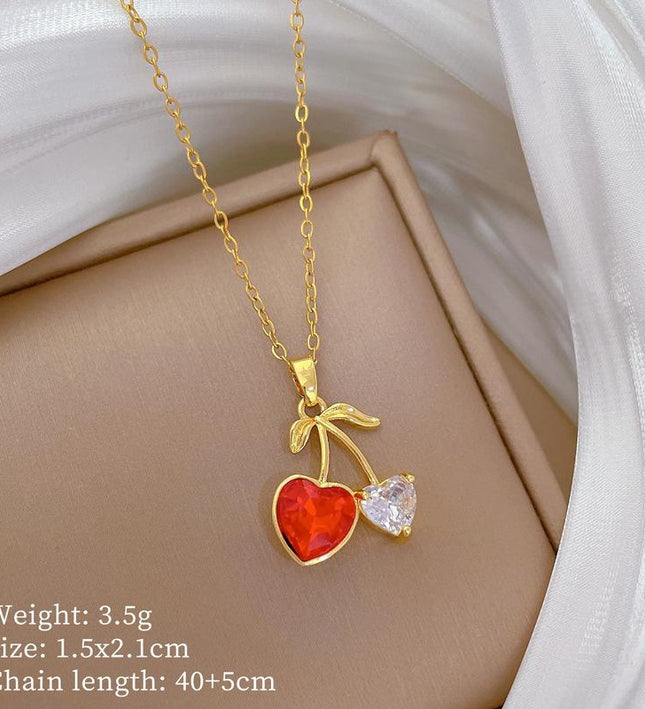 Cherry Heart Gold Crystal Necklace