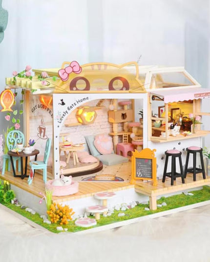DIY Cat Café Miniature Wooden Dollhouse Kit