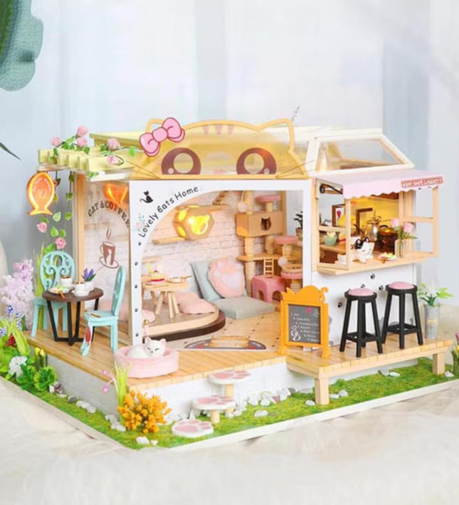 DIY Cat Café Miniature Wooden Dollhouse Kit